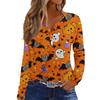 Women's Casual Long Sleeve V-Neck Halloween Print T-Shirt with Decorative Buttons