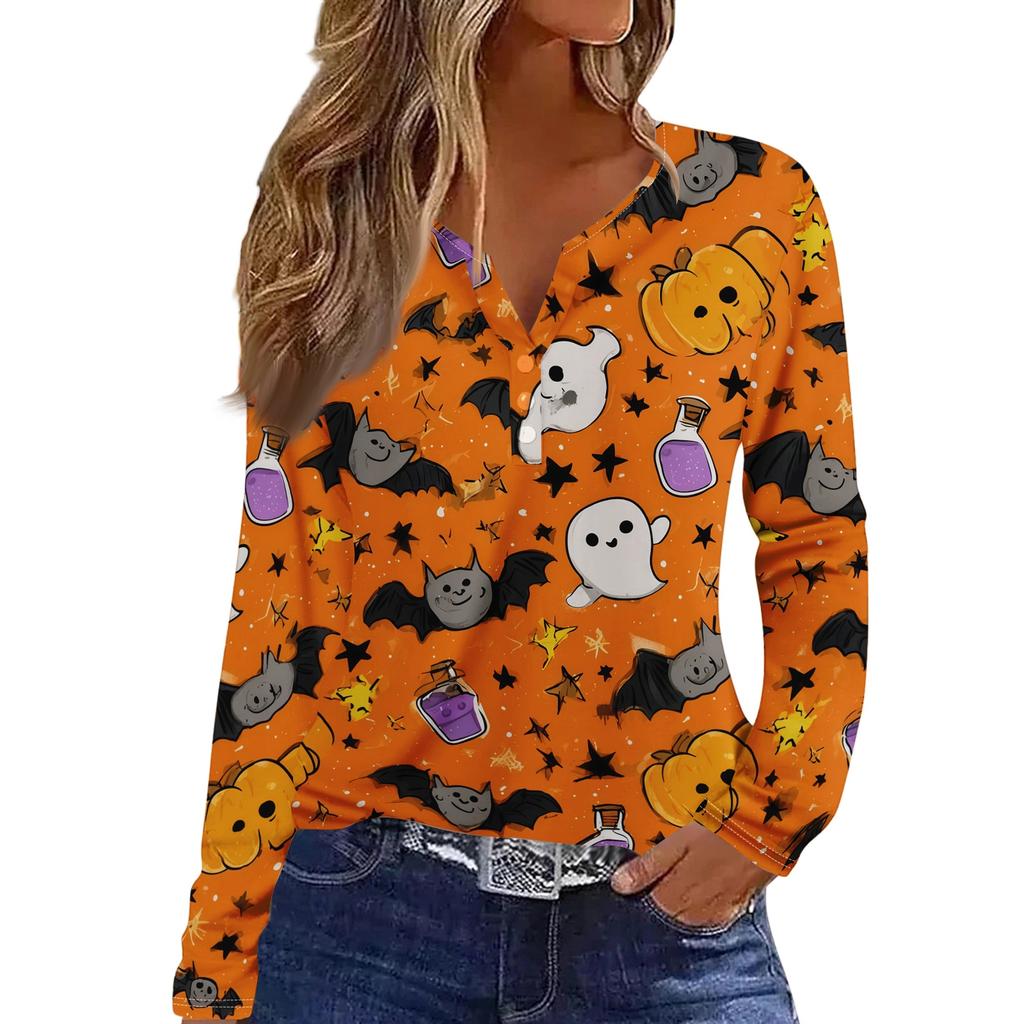 Women's Casual Long Sleeve V-Neck Halloween Print T-Shirt with Decorative Buttons