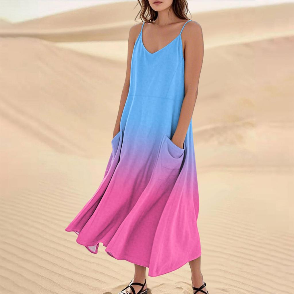 Women's Casual V Neck Gradient Print Sleeveless Pocket Suspender Dress