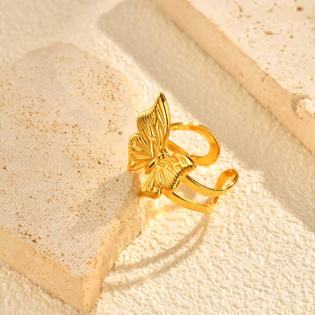 Retro Stainless Steel Butterfly Open Ring Gold Plated Geometric Rings for Women Vintage Jewelry Valentine's Day Gift