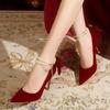 Sexy Design Shoes Flock Shoes Thin High Heel  Luxury WineRed Pointy Toe Pumps Shallow Cut Pearls Wedding Shoes Zaptos Mujer