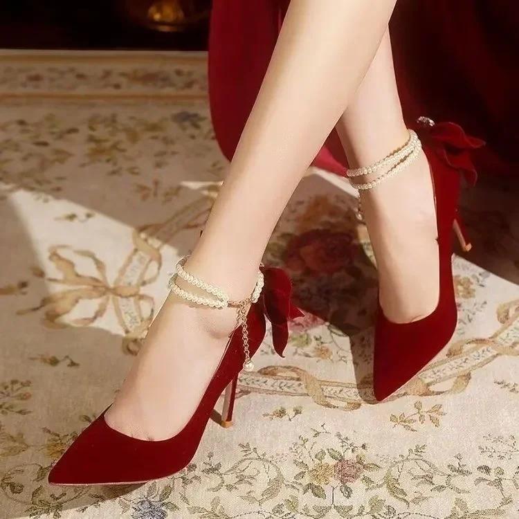 Sexy Design Shoes Flock Shoes Thin High Heel  Luxury WineRed Pointy Toe Pumps Shallow Cut Pearls Wedding Shoes Zaptos Mujer