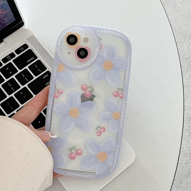 

Синий арт вишневый цветок Ins милый мультфильм противоударный круглый чехол для телефона с камерой для Iphone X Xr 11 12 Pro Max 7 8 Plus Xsmax 13 чехол for 7plus or 8plus