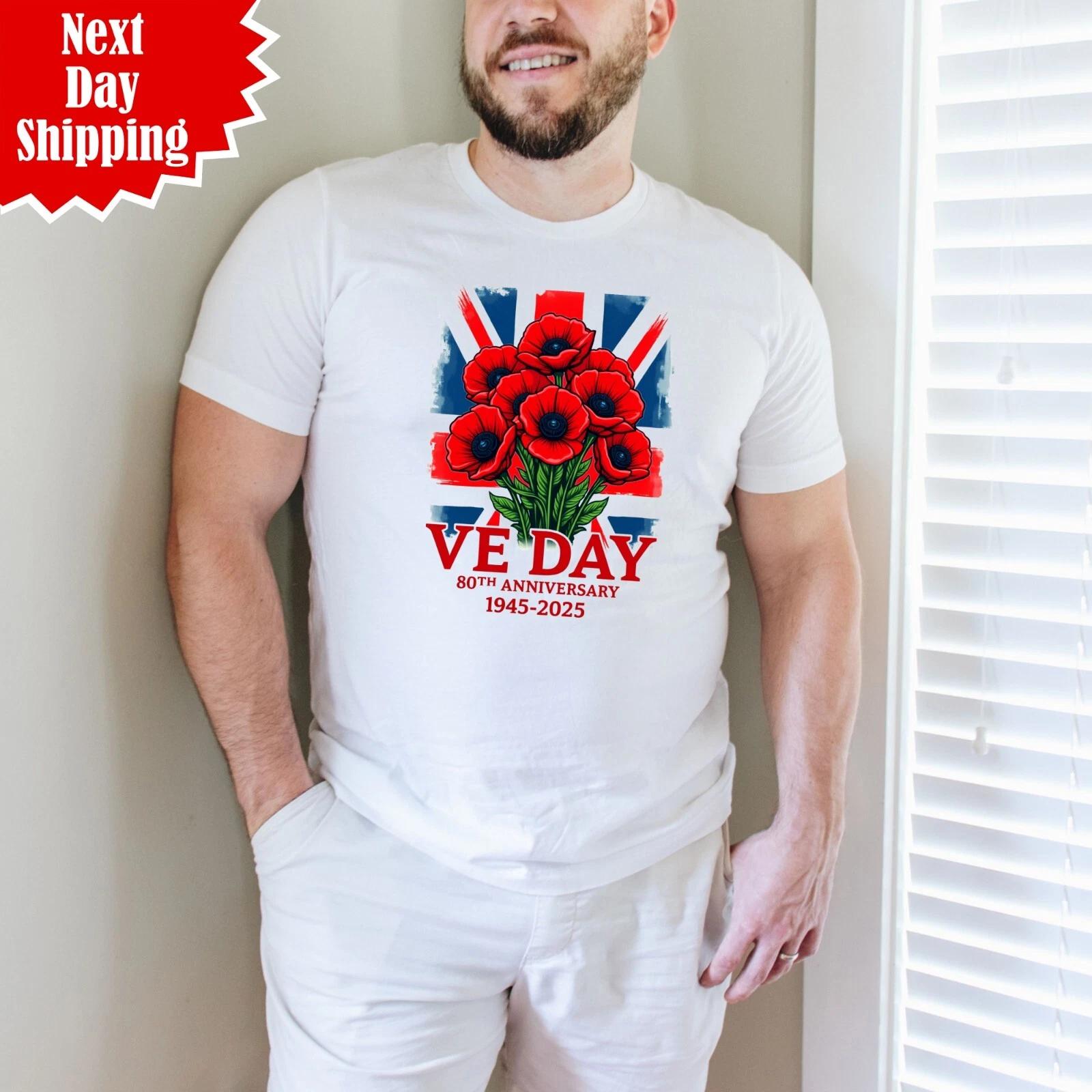 VE Day 80th Anniversary T-Shirt Printed UK Flag World War II Remembrance Tee Top 2XL