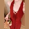 French holiday style red halter sexy sleeveless suspender dress spring and summer thin fairy waist long dress new