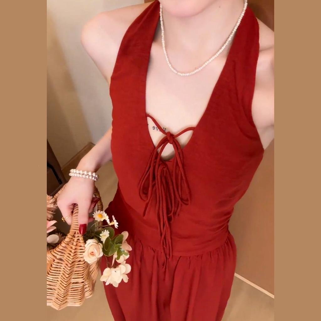 French holiday style red halter sexy sleeveless suspender dress spring and summer thin fairy waist long dress new
