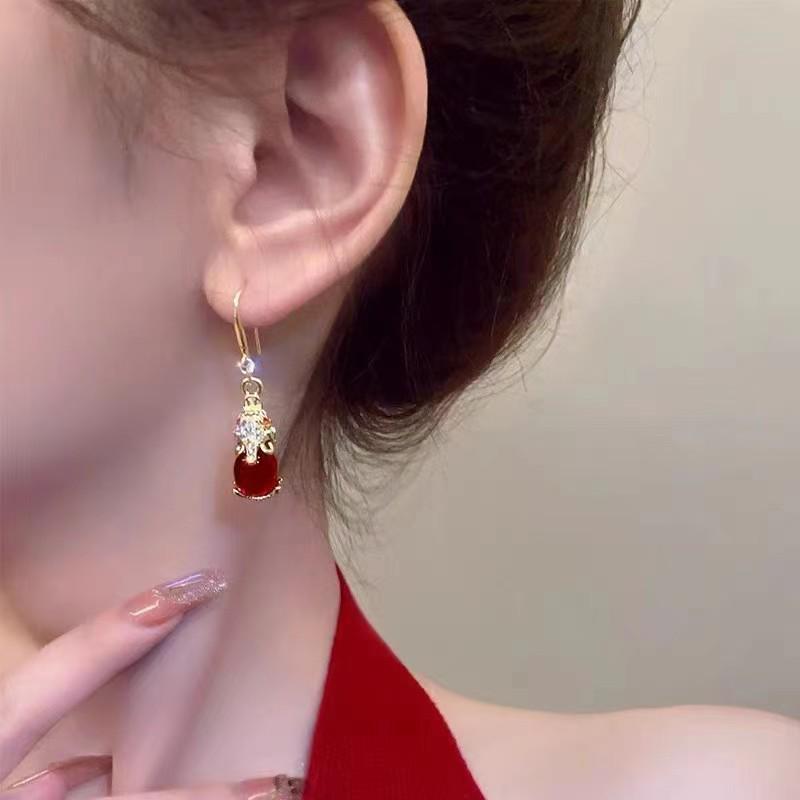 925 Retro Pixiu Alloy Earrings: Elegant Red Dangle Ear Studs for Women