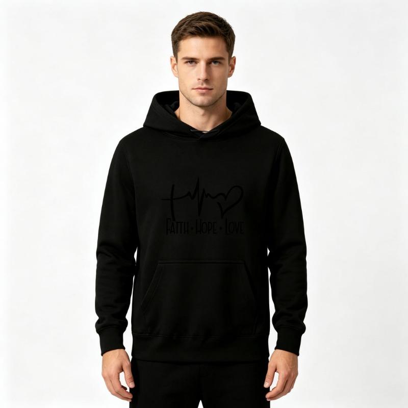 Men's Faith Hope Love Cross EKG Heart Print Hoodie Casual Long Sleeve Pullover Hooded Sweatshirt Loose Fit Autumn Winter Daily Streetwear Tops