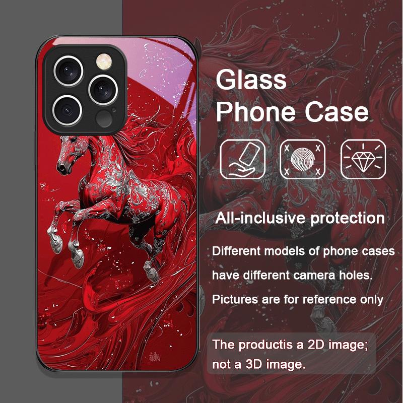 Stilvolle Rote Pferdedruck-Handyhülle aus gehärtetem Glas im chinesischen Stil für iPhone 17 16 Pro Max 15 14 13 12 Mini 11 X XS 7 8 Plus Hülle