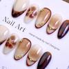 Elegant Brown Gradient Press-On Nails with Gold Beads – Autumn/Winter Luxury Style