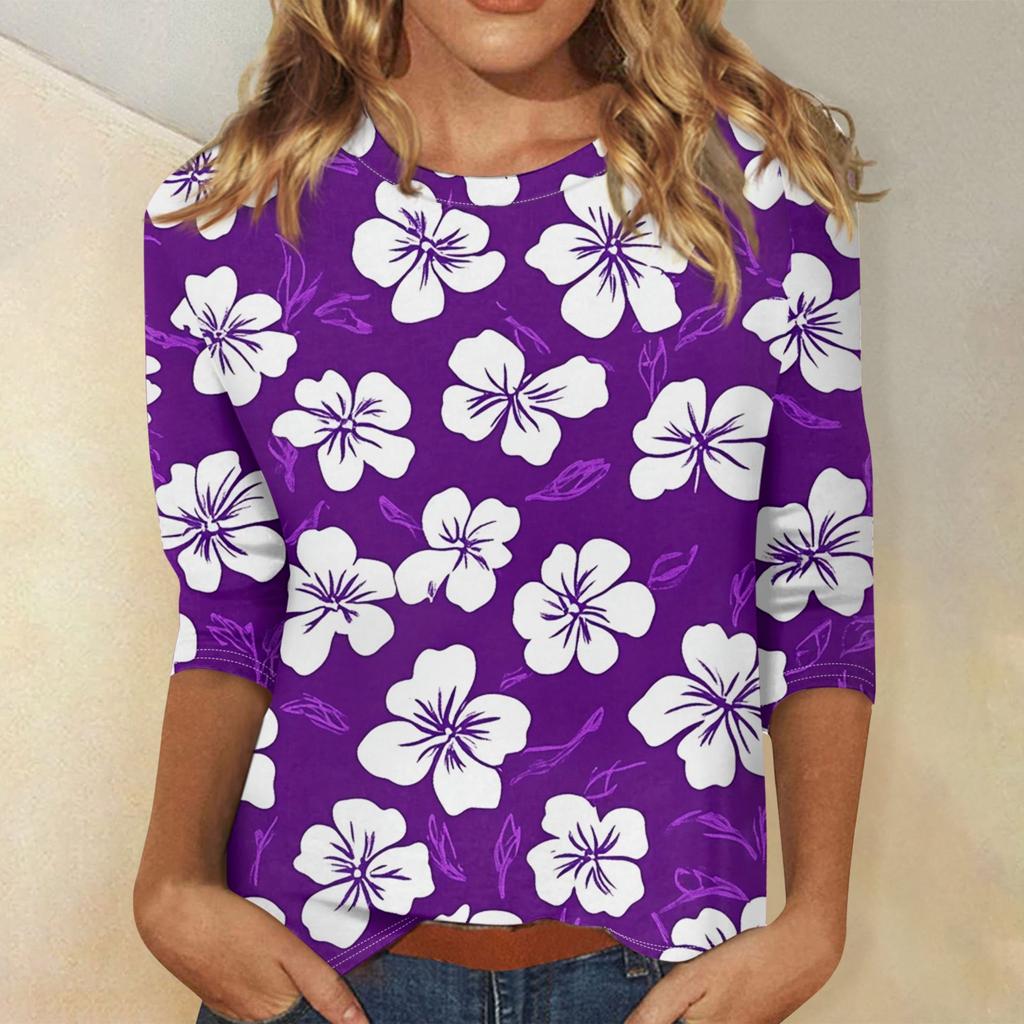 Damenmode Lässiges Rundhals-T-Shirt mit 3/4-Ärmeln und lockerem Aufdruck