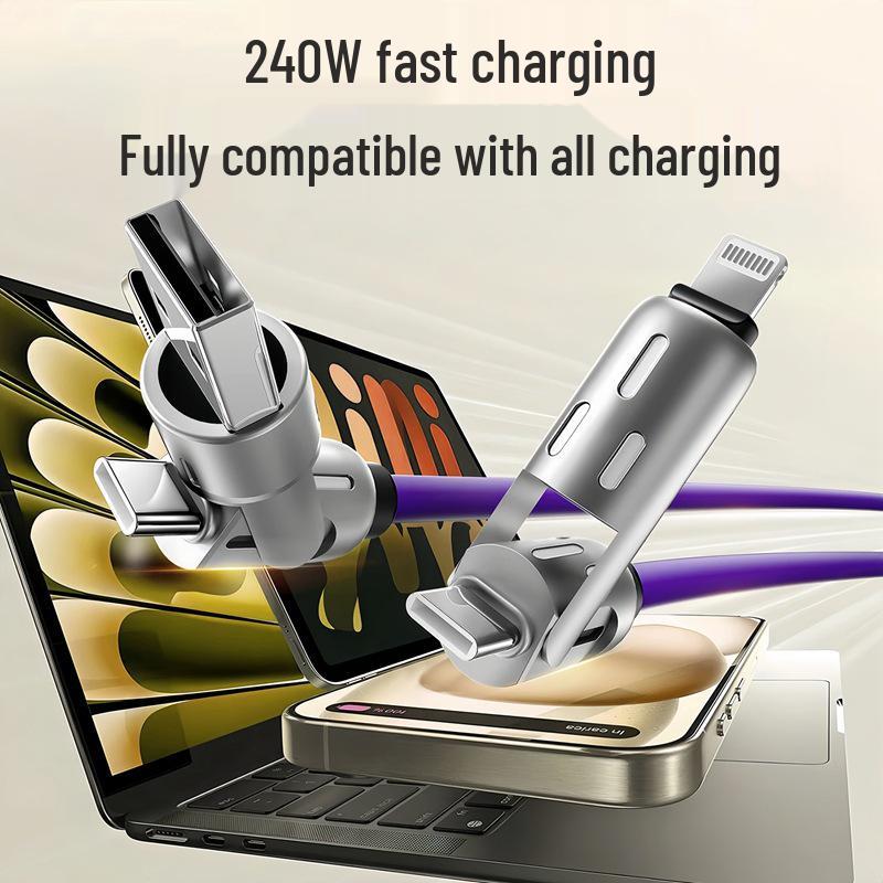 240W Multi-Color Breathing Light 4-in-1 Super Fast Charging Cable for Apple, Android, Type-C Devices