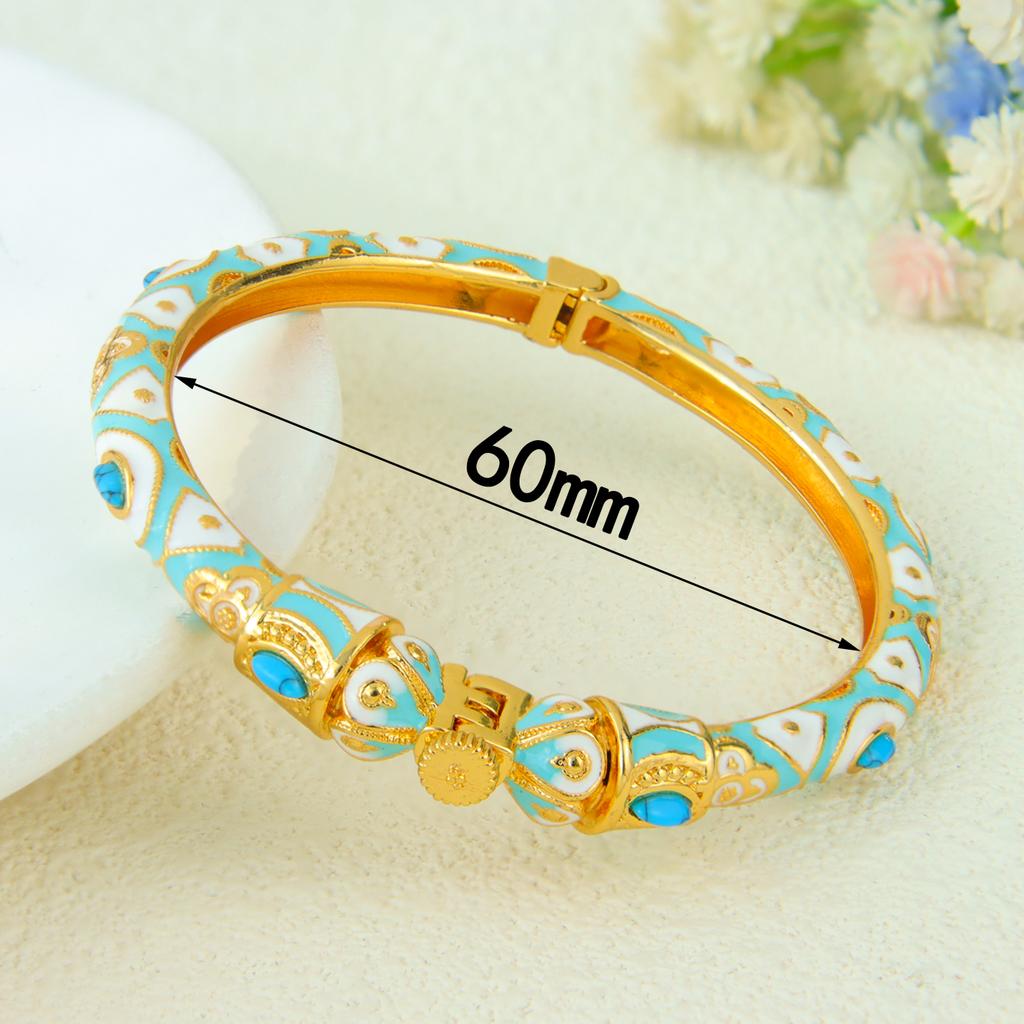 Ethiopia Classic Turquoise Bracelet 21k Gold Plated Dubai Charm Opening Bangles Oman Women Bridal Wedding Party Jewelry