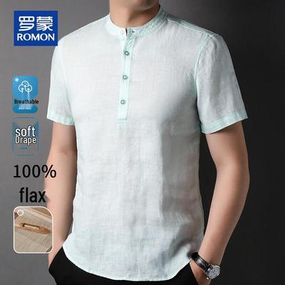 Men's 100% Linen Stand Collar Short Sleeve T-Shirt