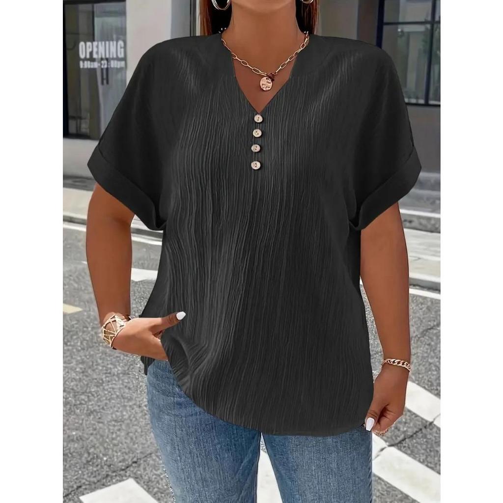 T-shirt Casual da Donna Taglie Forti Casual Colore Unico Bottoni Scollo a V Elegante Colore Unico Manica Corta Abbottonata Moda Quattro Stagioni Nuovo