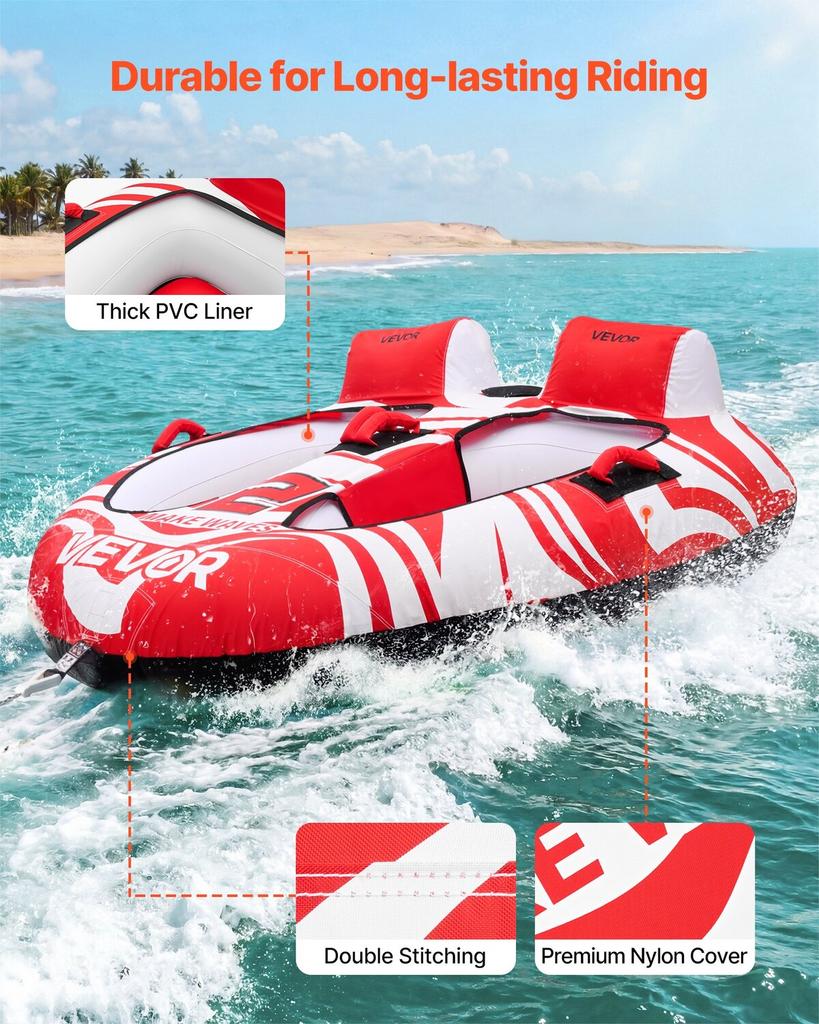 Towable Tubes for Boating, 2-Rider Inflatable Boat Tubes and Towables, 154 kg Capacity Water Sport Tubes for Boat to Pull - with 2 Cockpits, Full