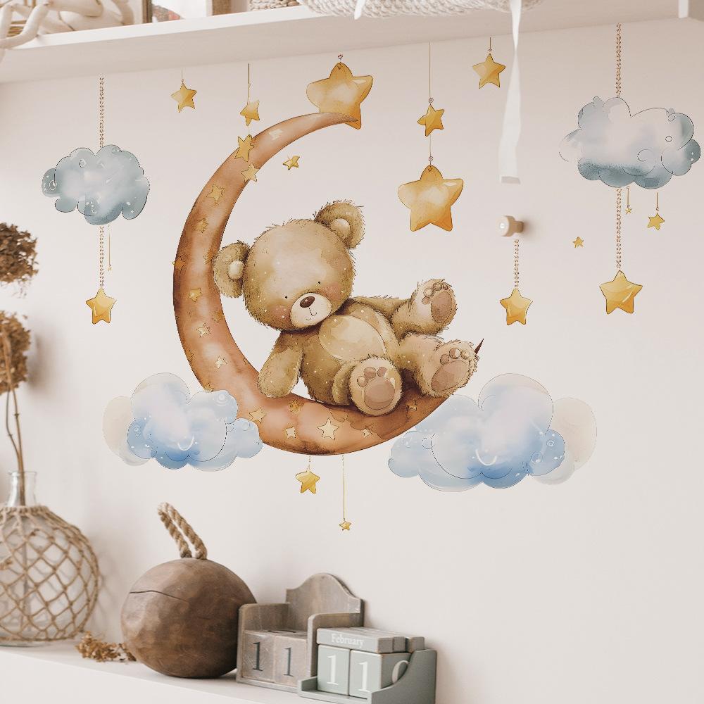 Cartoon Goodnight Bear Star Hanging Ornament Wall Sticker Self-Adhesive for Home Background Decoration
