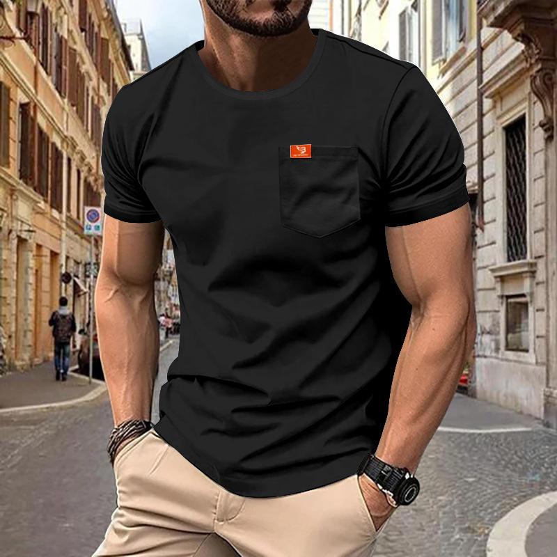 New Men's Large Size Solid Color Round Neck T-shirt Fashionable Casual Pocket Slim Short-sleeved Top