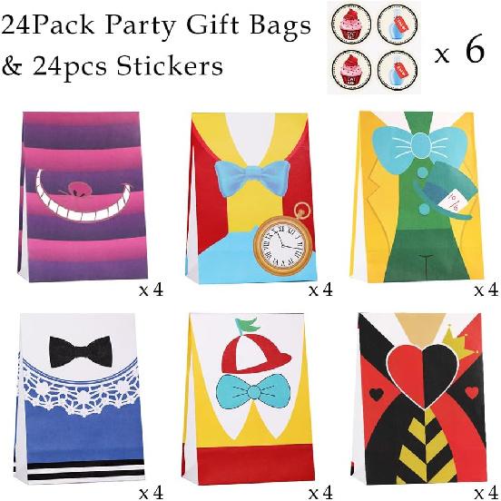 Alice in Wonderland Party Gift Bags, 24 Pack Alice in Wonderland Party Favor Bags with Stickers, Alice in Wonderland Party Bag, Alice Party Supplies