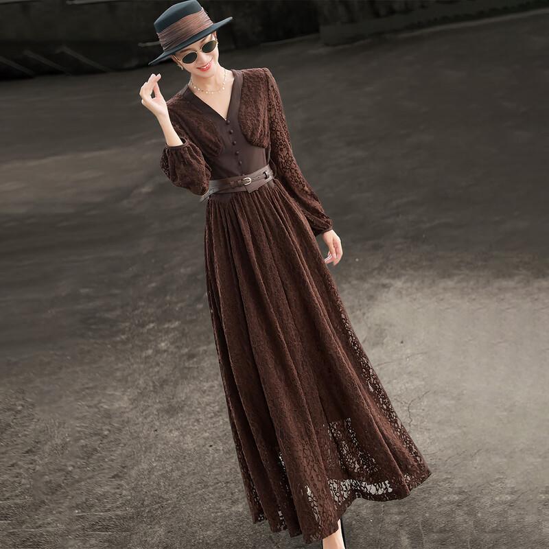Lanser 2026 Frühling Französisches Retro-Spitzen-V-Ausschnitt-Langkleid