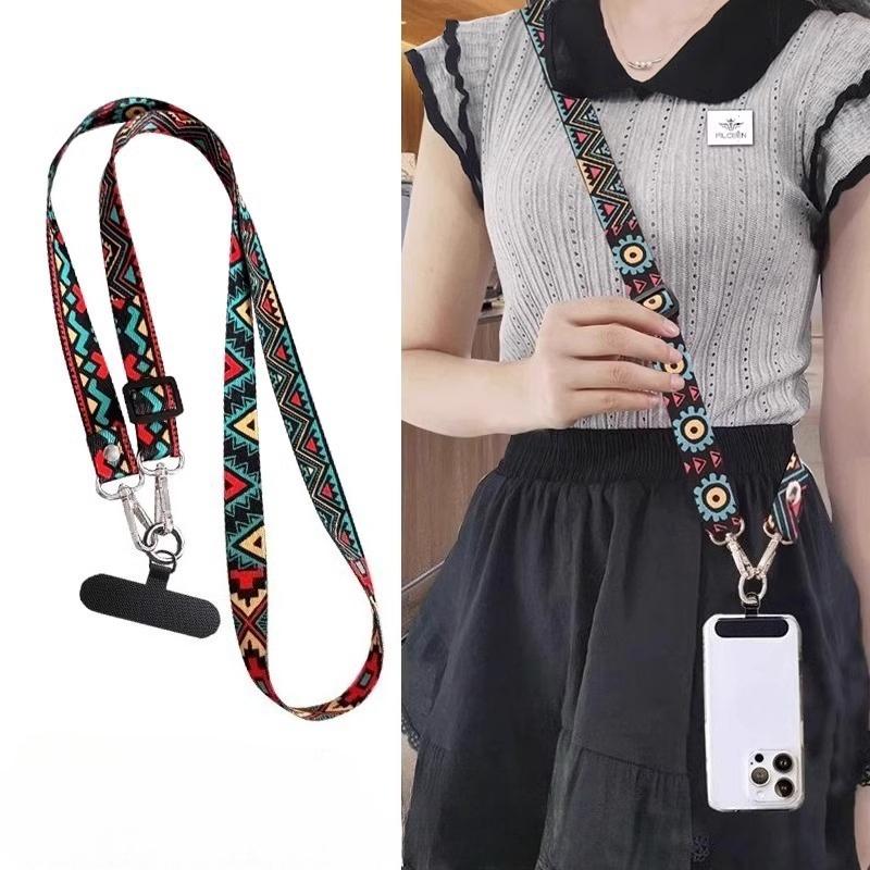 Retro Totem Pattern Crossbody Cell Phone Lanyard Adjustable Hanging Neck Mobile Phone Strap Pendant With Universal Card Gasket
