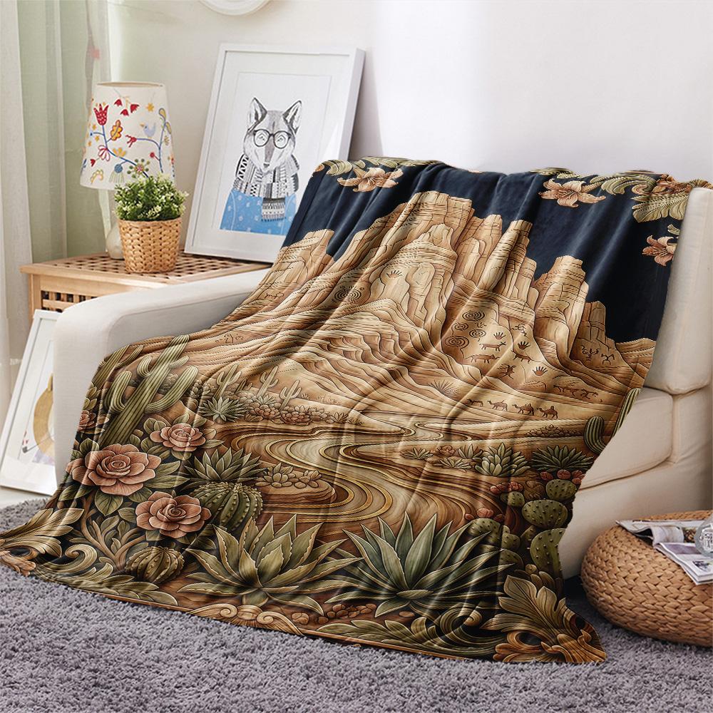 1PC Desert Mountain Print FlAannel Blanket, High Quality Comfortable for All Seasons, Home Decor, Warmth and Comfort