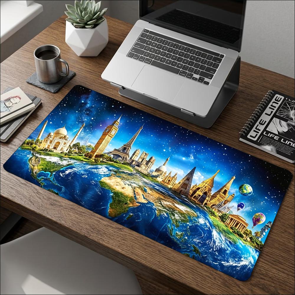 Large Mouse Pad World Map Earth City Print Stitched Edge AntiSlip Rubber Desk Mat For Gaming Working Home Office Laptop Use