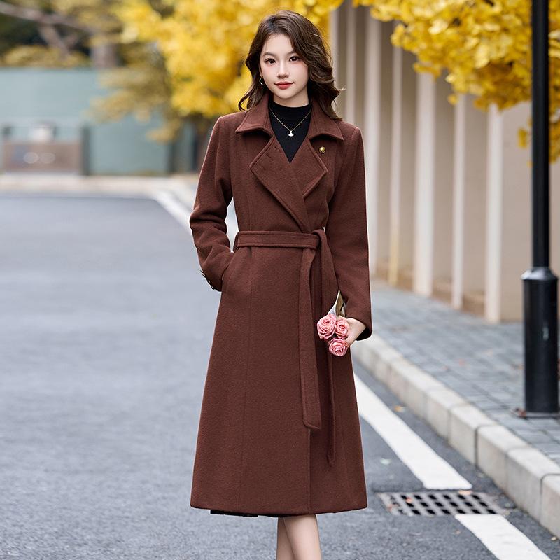 Women's Extra Long Wool Coat with Tie - Autumn/Winter Korean Fashion, Lapel Design (HR1018)