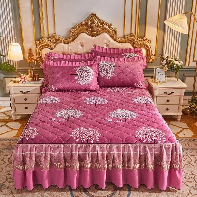 Princess Lace Quilted Bed Spreads Crystal Velvet Bedding Sheets Set King Queen Size Thick Winter Warm Cotton Wedding Bed Cover