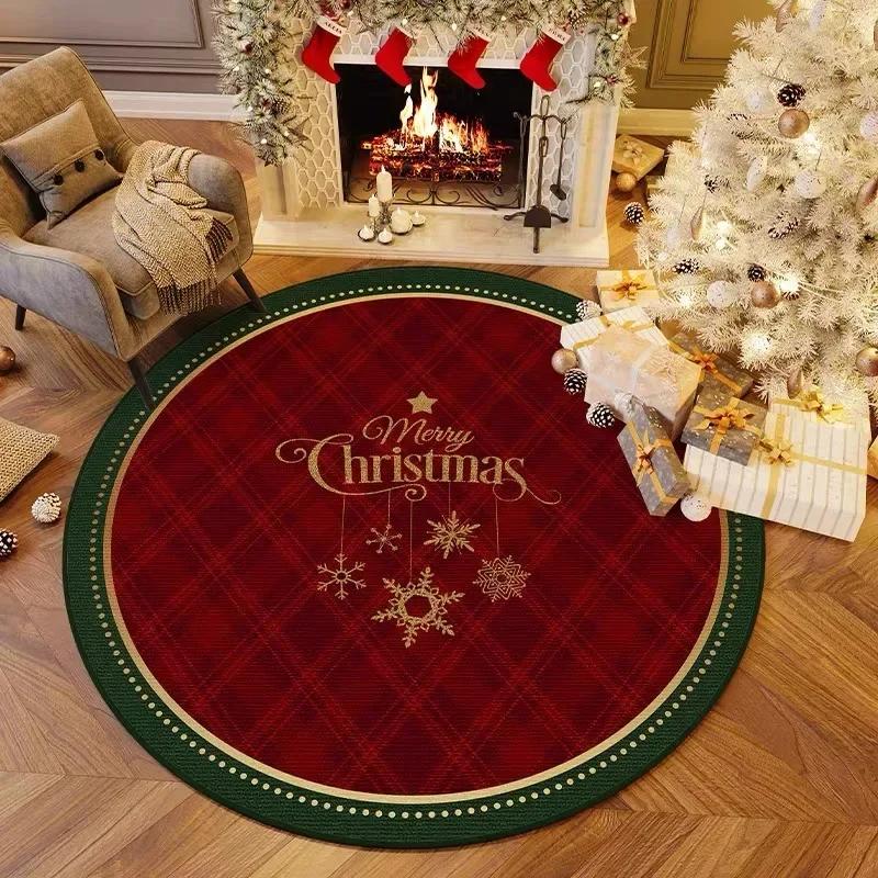Christmas Round Carpet Living Room Bedroom Mat Festive Red Festive Atmosphere Decorated Christmas Tree Home Decoration
