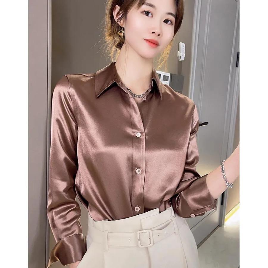 

Рубашка с длинным рукавом из искусственного шелка для женщин, весенне-осенняя атласная блузка, офисная рубашка на пуговицах с лацканами XXL