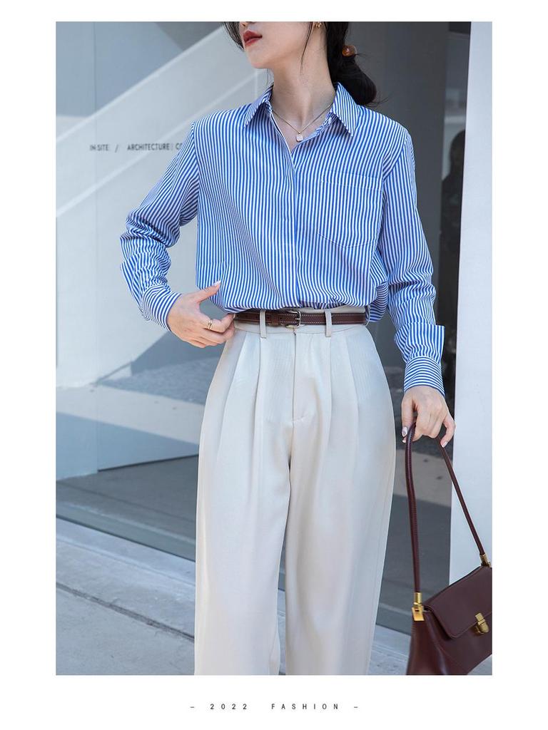 Spring 2025 Women's Casual Blue-Striped Long-Sleeve Shirt