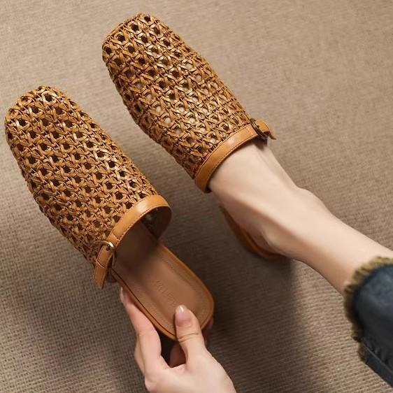 Soft leather half-drag French hollow bag head women's summer belt casual weaving retro fashion breathable one-word mesh muller shoes