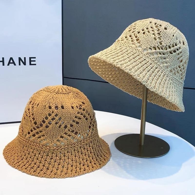Hollow Woven Knitted Bucket Hat Summer Thin Breathable Plain Face Small Bucket Basin Hat Children