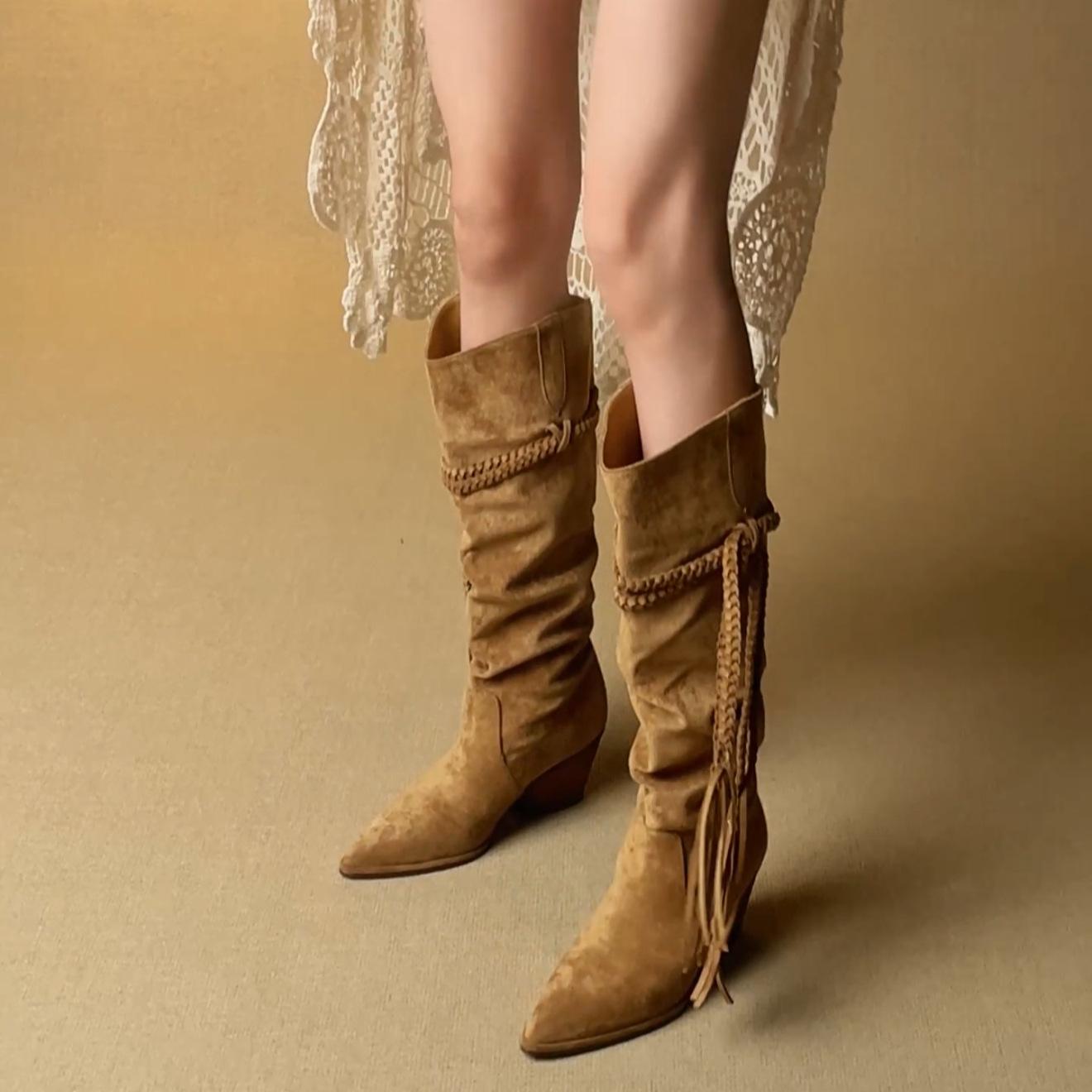 

Coarse heel white heightening pile boots women s 2025 new twist belt design but knee high boots pointed western boots 40 верблюд