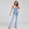 Summer Fashion Women Sexy Strapless 3D Rose Flower Denim Jumpsuits Flare Jeans Rompers