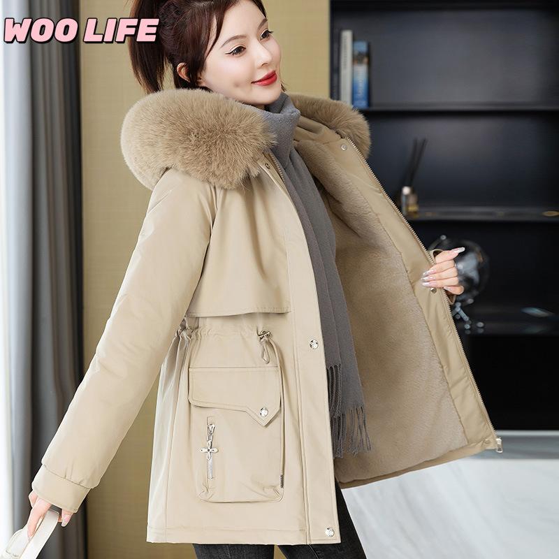 Parker Clothing Women's New Winter All-match Cotton Clothing Plus Velvet Hooded Jacket, Big Fur Collar, Warm Cotton Clothing, Women's Cold Protection
