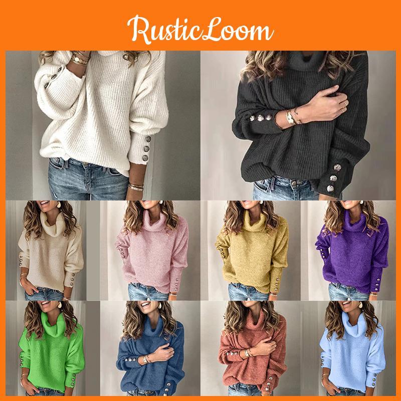 Cozy Women Long Sleeve Sweater High Neck Jumper With Stylish Button Decoration