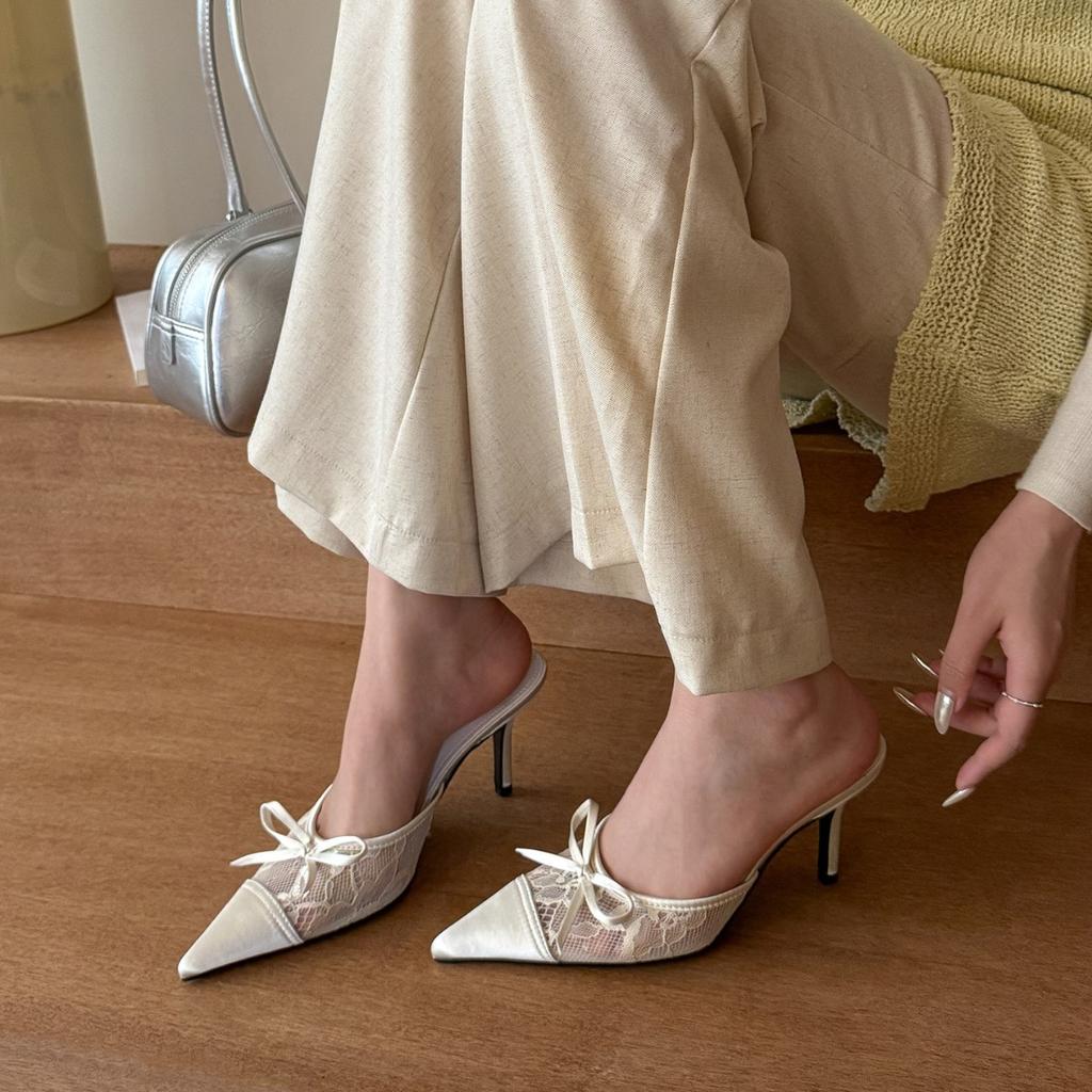 Cold and Gentle Spring and Summer Lace Pointed Head Bow High Heels Women's Sexy Bag Head Half Slippers