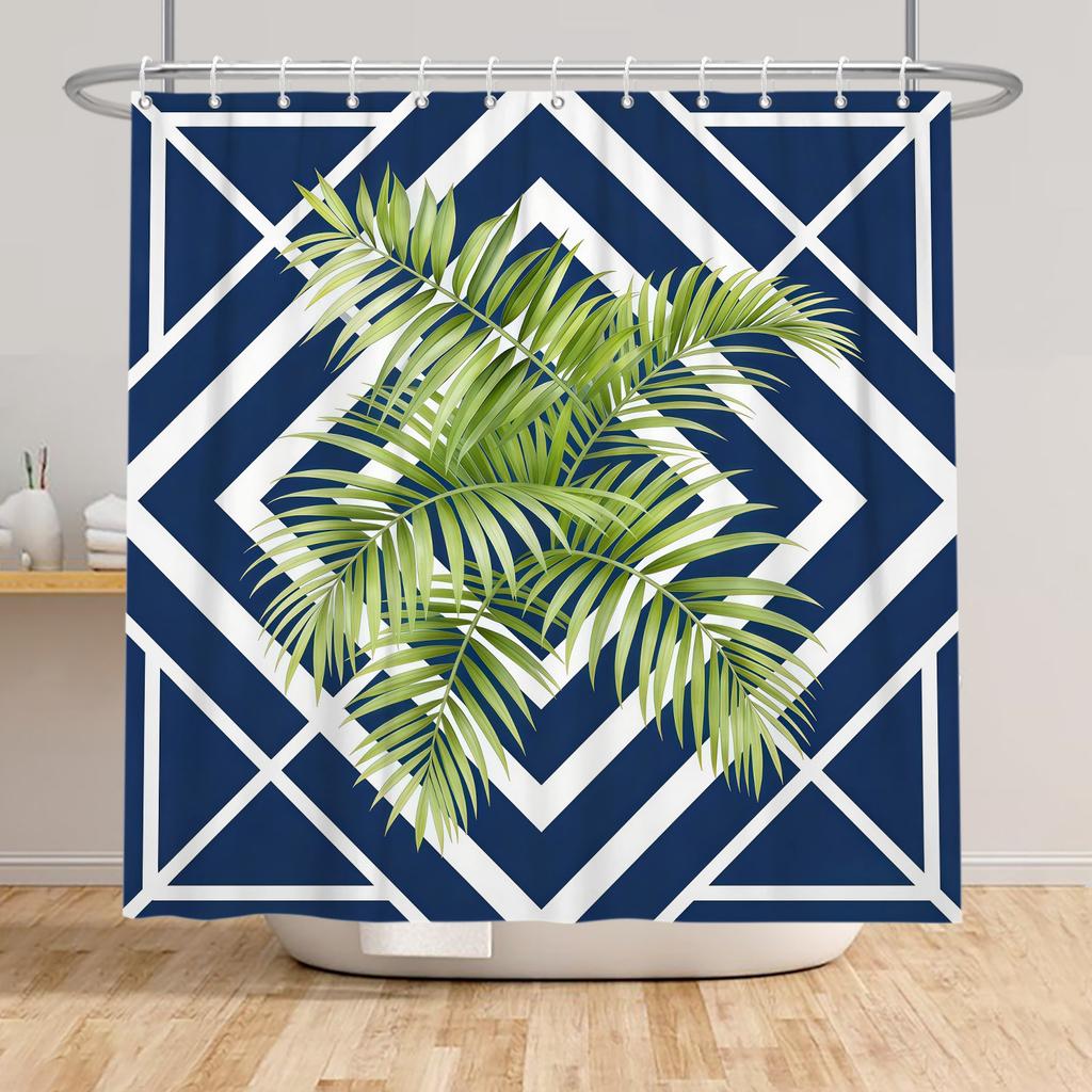 Tropical Rainfores Bathroom Shower Curtain Plant Green Leaves Simple Line Decor Waterproof Bathtub Bathroom Curtain With Hooks