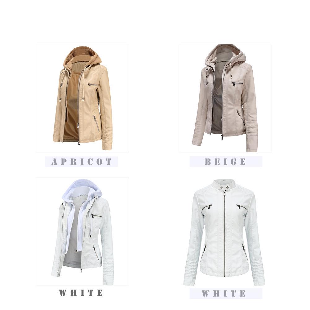 Women's Detachable Hooded Leather Jacket Set - European & American Style, PU Washed, Available in Large Sizes, Ideal for Spring & Autumn