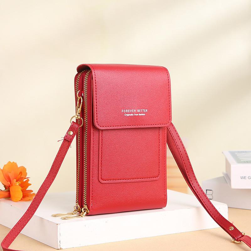 Stylish Pu Leather Touch Screen Phone Bag For Women With Zipper Closure And Card Slots красный