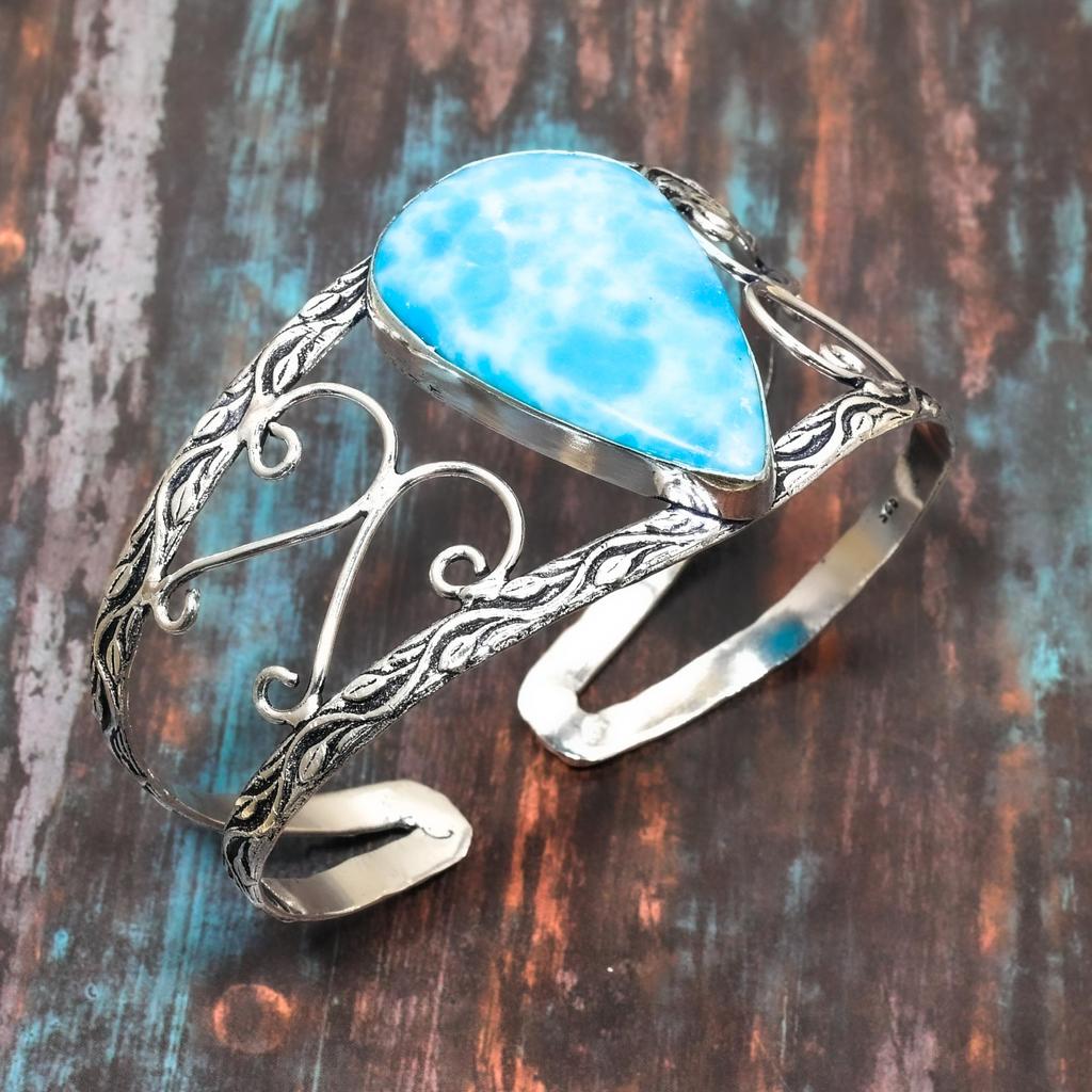 Unique Larimar Gemstone Handmade  925 Sterling Silver Bangle Jewelry Adjustable