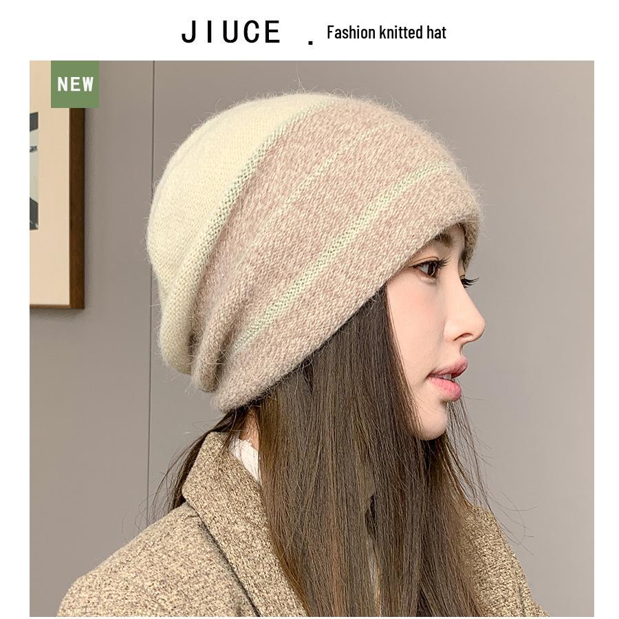 Korean Colorblock Rabbit Fur Fleece-Lined Beanie with Ear Protection – Elegant Women's Knit Hat for Cold Weather