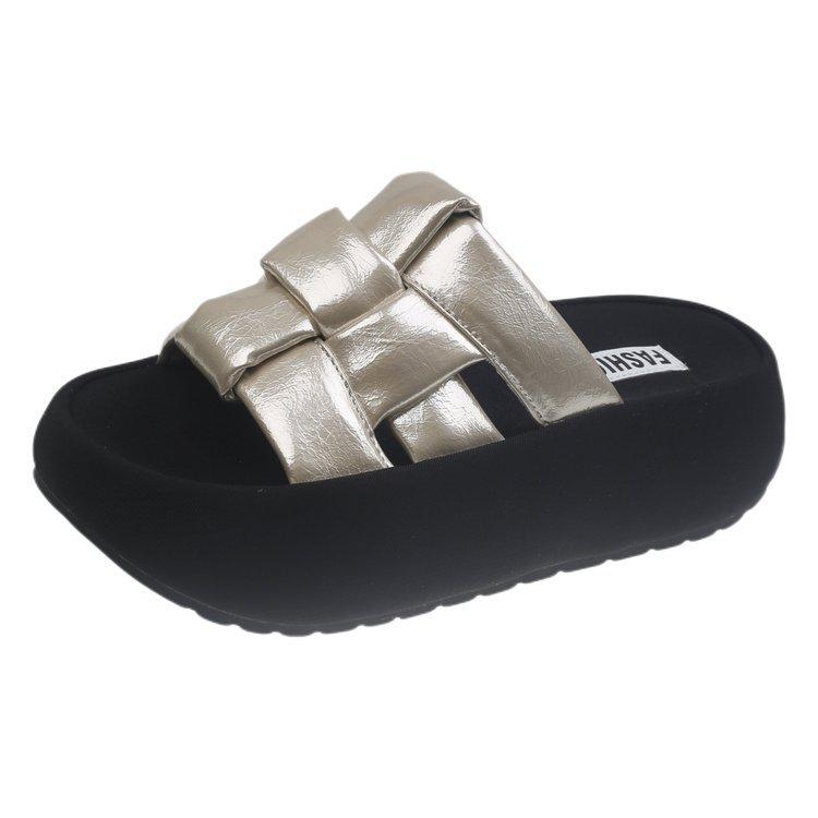 

Silver platform slippers women s summer wear muffin half slippers 2025 new woven bread beach shoes 40