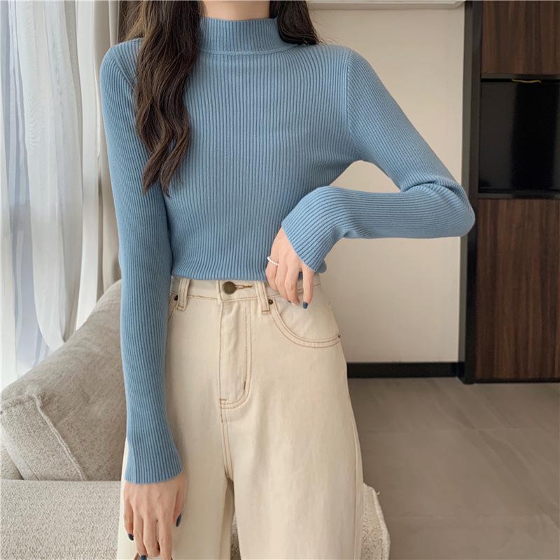 Women s Early Autumn Knitted Half High Neck Long Sleeve Sweater One Size