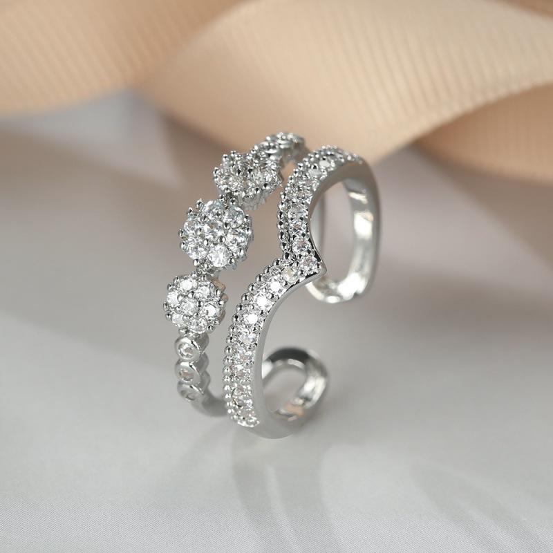 Wish hot-selling gold double-layer V-shaped white diamond open ring, personalized versatile micro-inlaid zircon ring adjustable open ring