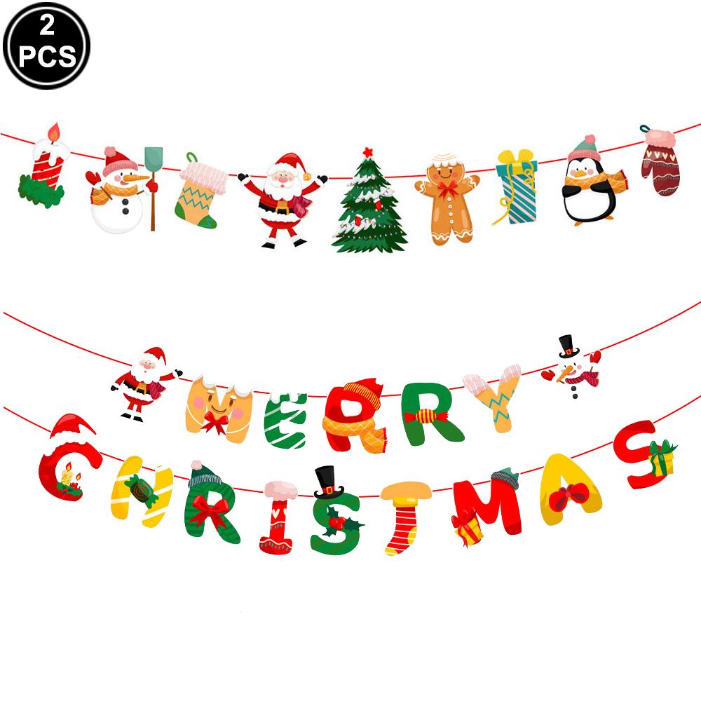 Merry Christmas Banner Hanging Swirl Decorations Set Xmas Holiday Santa Snowman Elk Sign Hanging Indoor Decor Party Supplies
