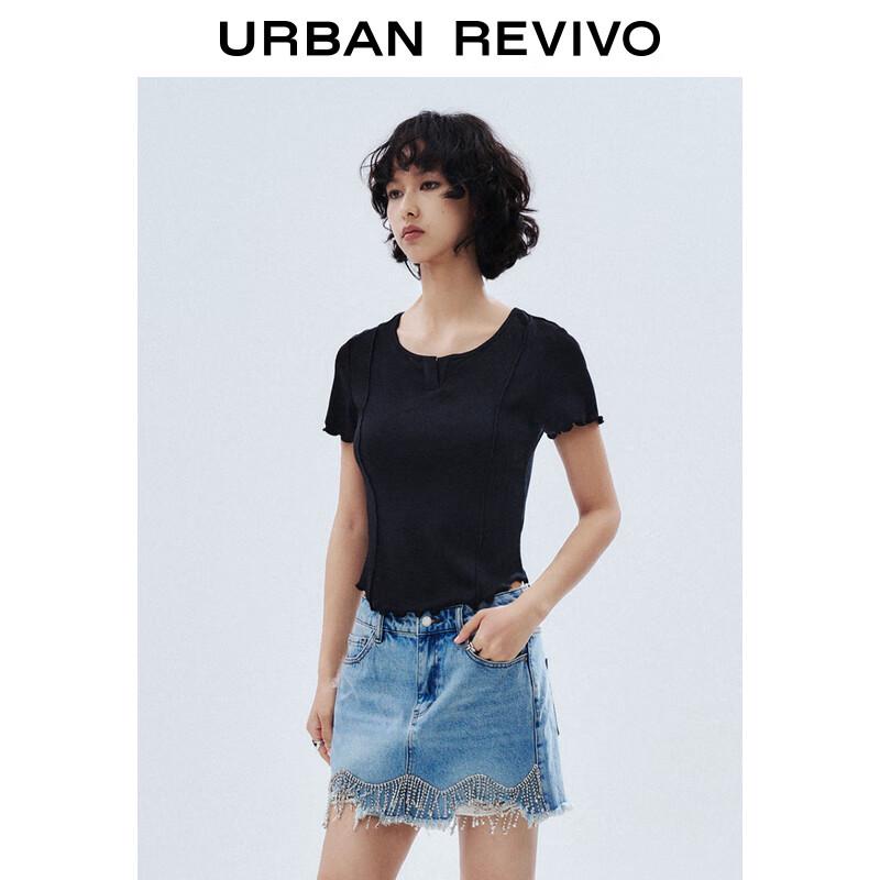 UR 2025 Spring Women's Ruffle Edge Slim Short Sleeve T-shirt