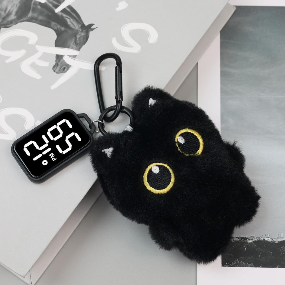 Black Cat Pendant Electronic Hanging Watch LED Digital Display Keychain Pocket Watch Waterproof Carabiner Luminous Watches чёрный
